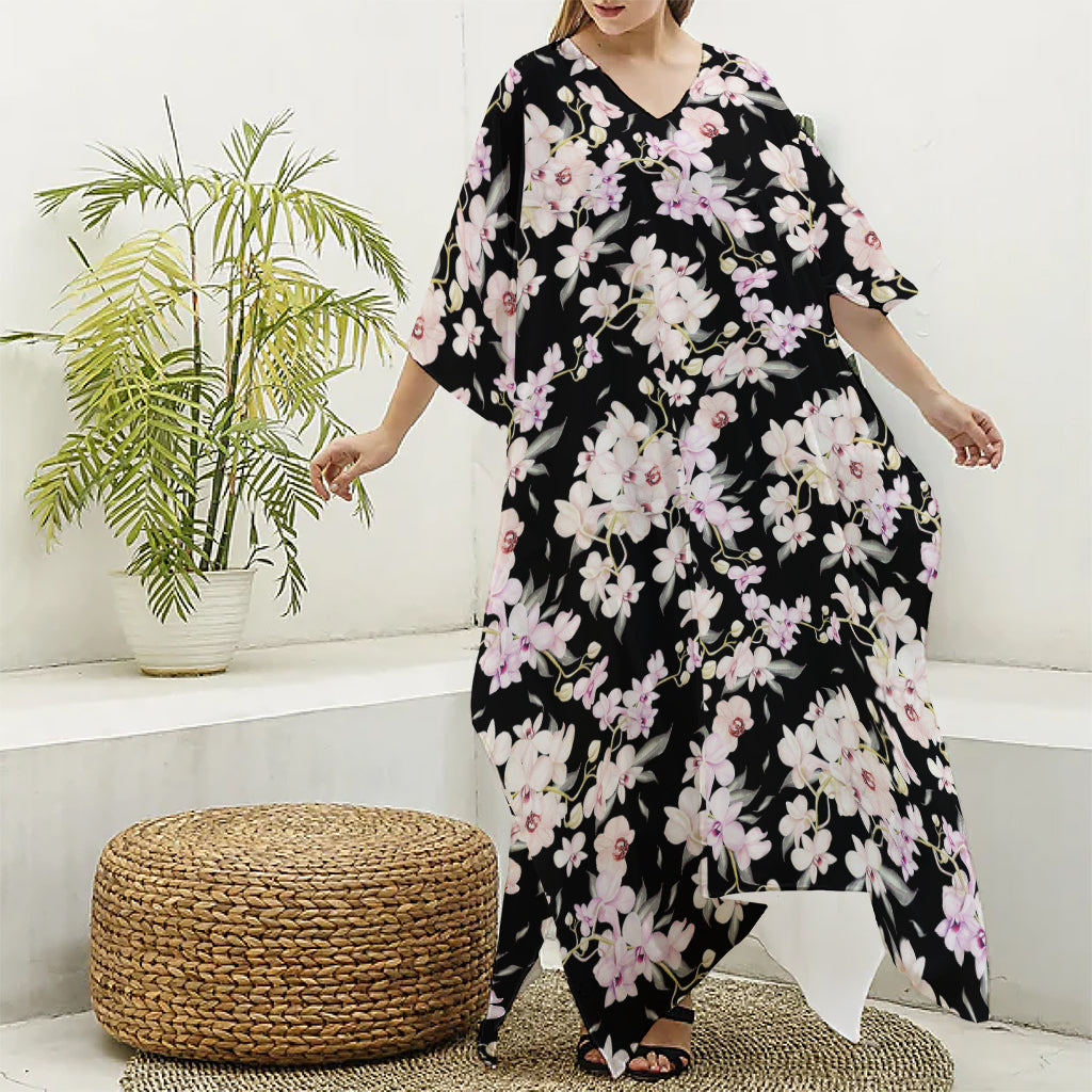 Watercolor Orchid Flower Pattern Print Silk V-Neck Kaftan Dress