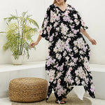 Watercolor Orchid Flower Pattern Print Silk V-Neck Kaftan Dress