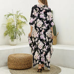 Watercolor Orchid Flower Pattern Print Silk V-Neck Kaftan Dress
