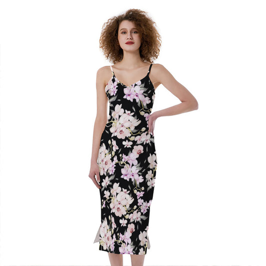 Watercolor Orchid Flower Pattern Print Slim Fit Midi Cami Dress