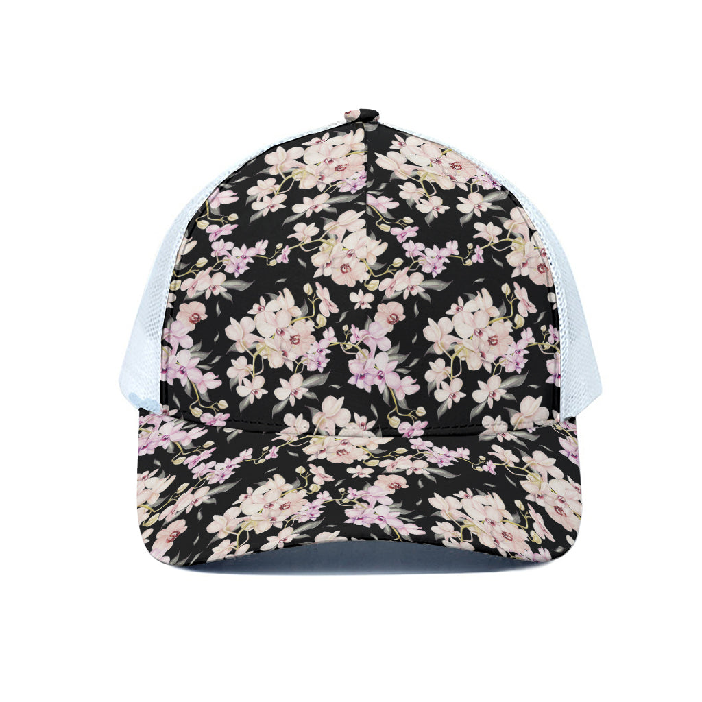 Watercolor Orchid Flower Pattern Print White Mesh Trucker Cap
