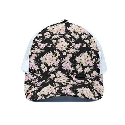 Watercolor Orchid Flower Pattern Print White Mesh Trucker Cap