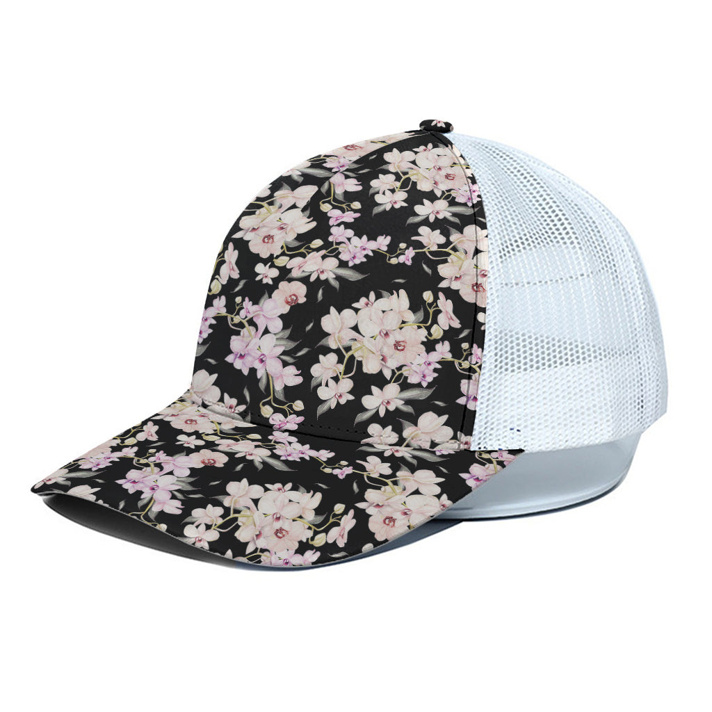 Watercolor Orchid Flower Pattern Print White Mesh Trucker Cap