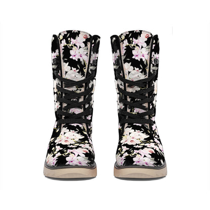 Watercolor Orchid Flower Pattern Print Winter Boots