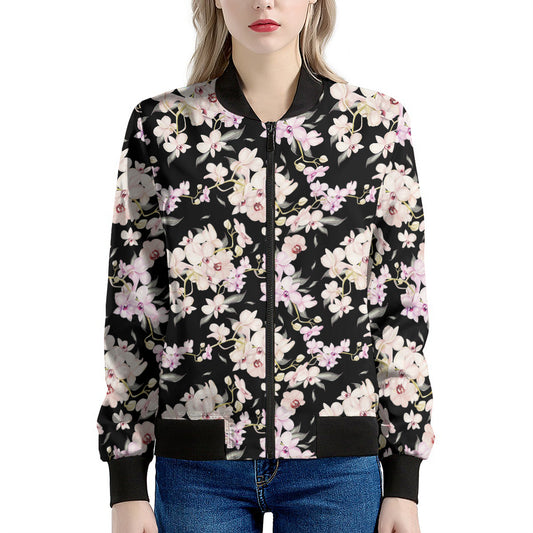 Watercolor Orchid Flower Pattern Print Women's Bomber Jacket