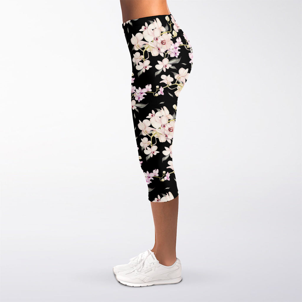 Watercolor Orchid Flower Pattern Print Women's Capri Leggings