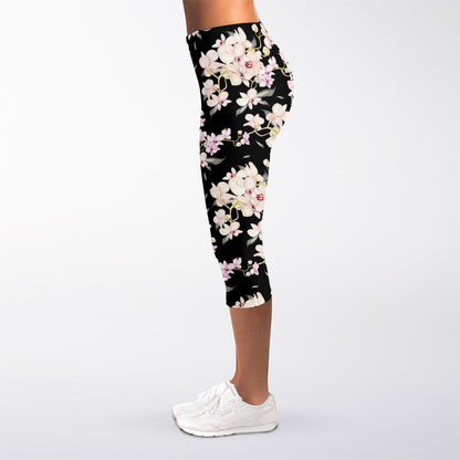Watercolor Orchid Flower Pattern Print Women's Capri Leggings
