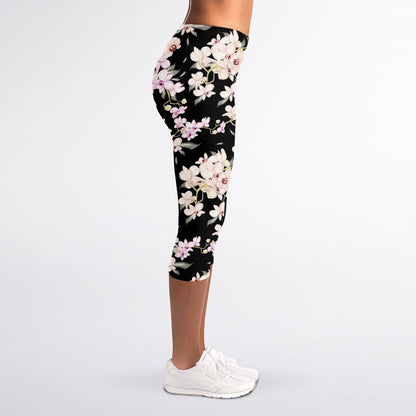 Watercolor Orchid Flower Pattern Print Women's Capri Leggings