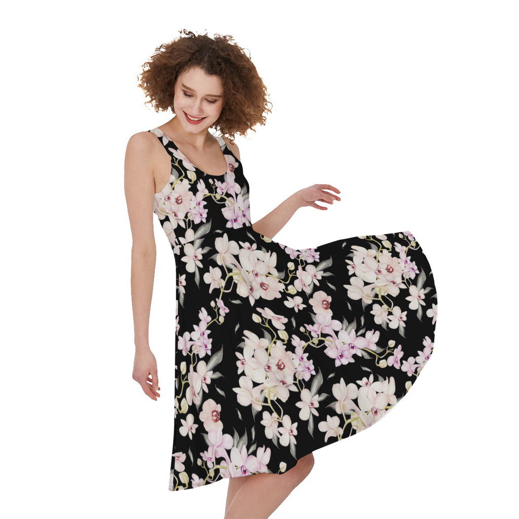 Watercolor Orchid Flower Pattern Print Women's Sleeveless Dress