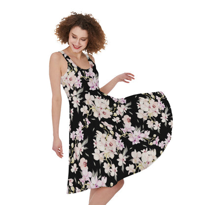 Watercolor Orchid Flower Pattern Print Women's Sleeveless Dress