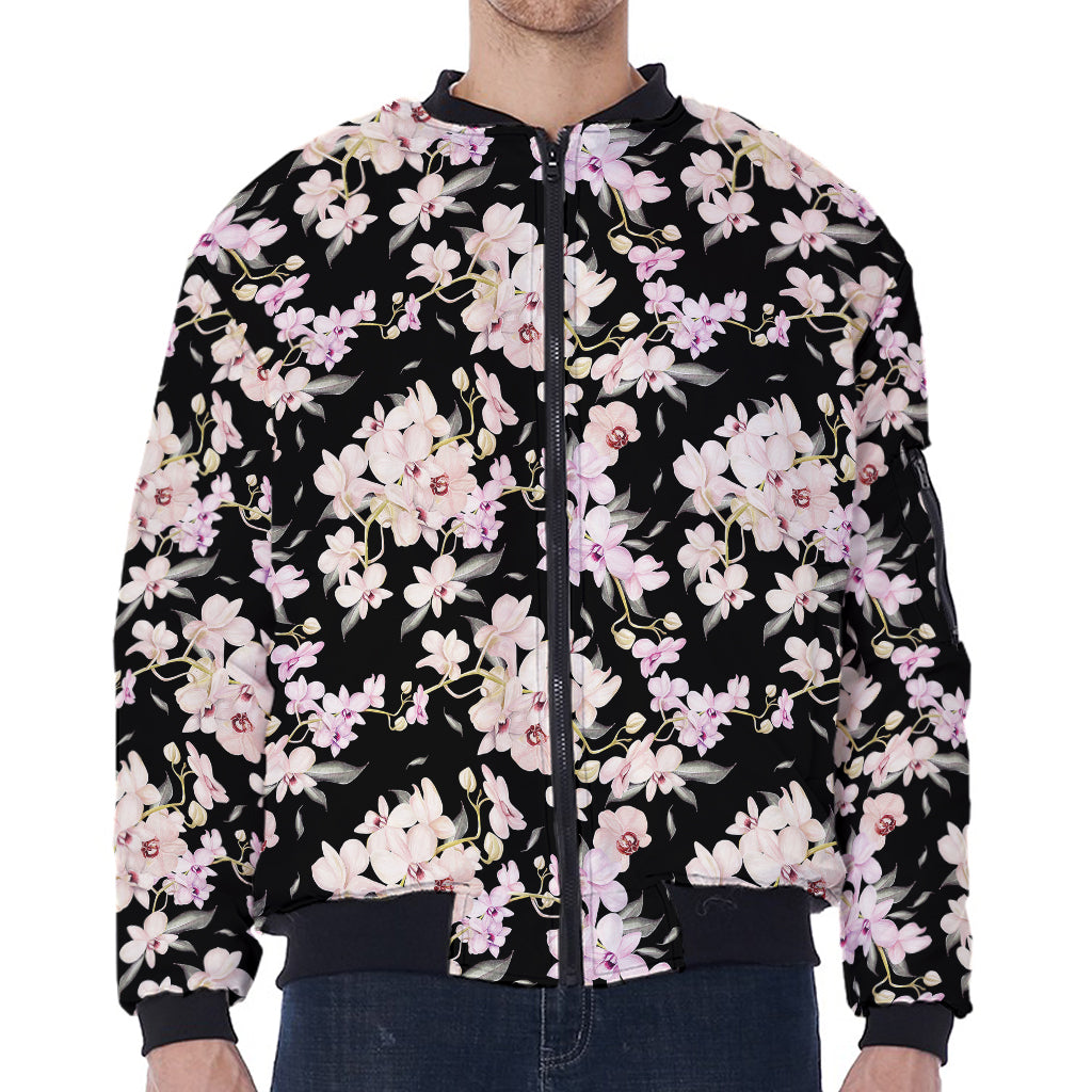 Watercolor Orchid Flower Pattern Print Zip Sleeve Bomber Jacket