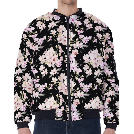 Watercolor Orchid Flower Pattern Print Zip Sleeve Bomber Jacket