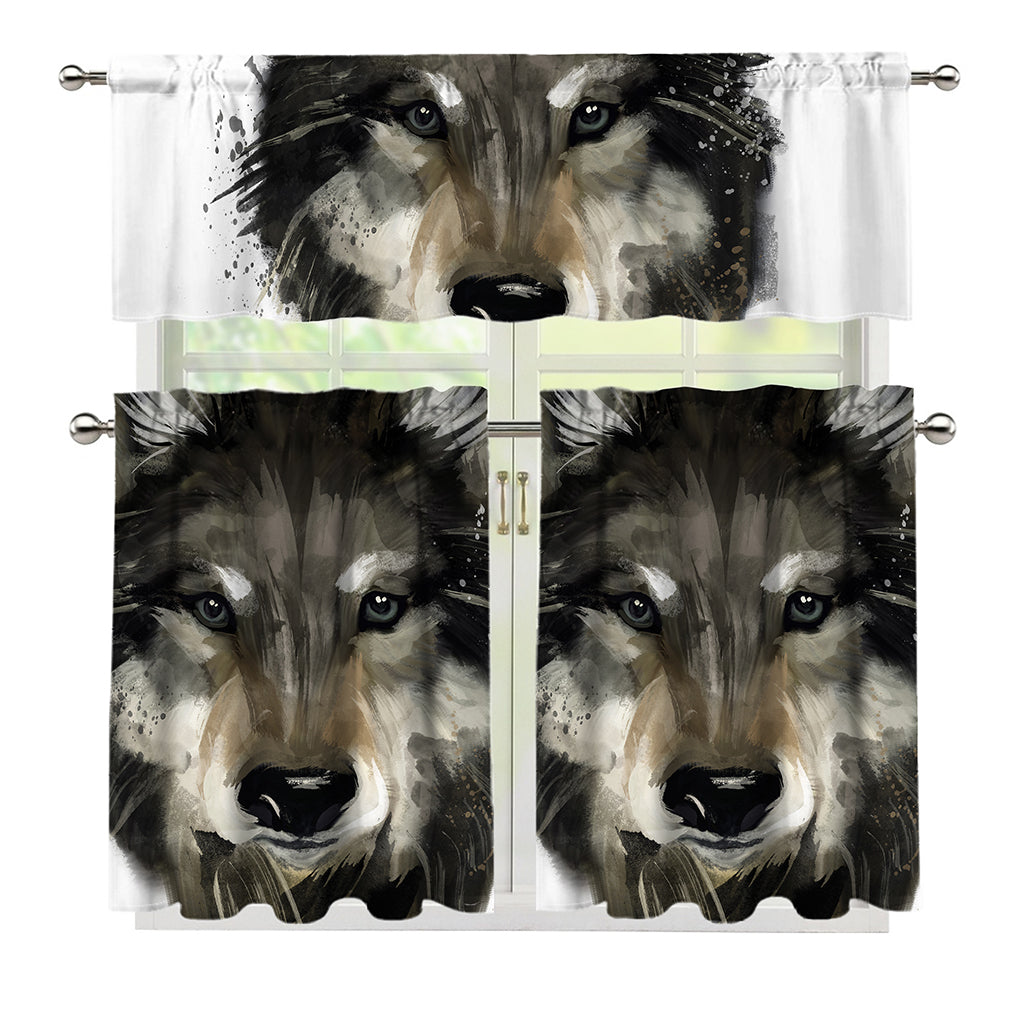 Watercolor Painting Wolf Print 3 Piece Kitchen Curtains