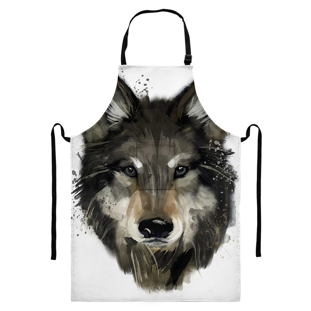 Watercolor Painting Wolf Print Bib Apron With Pocket