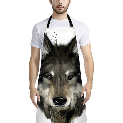 Watercolor Painting Wolf Print Bib Apron With Pocket