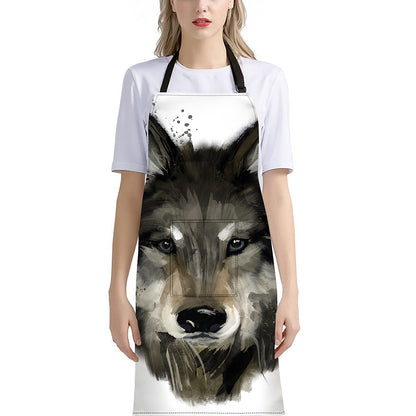 Watercolor Painting Wolf Print Bib Apron With Pocket