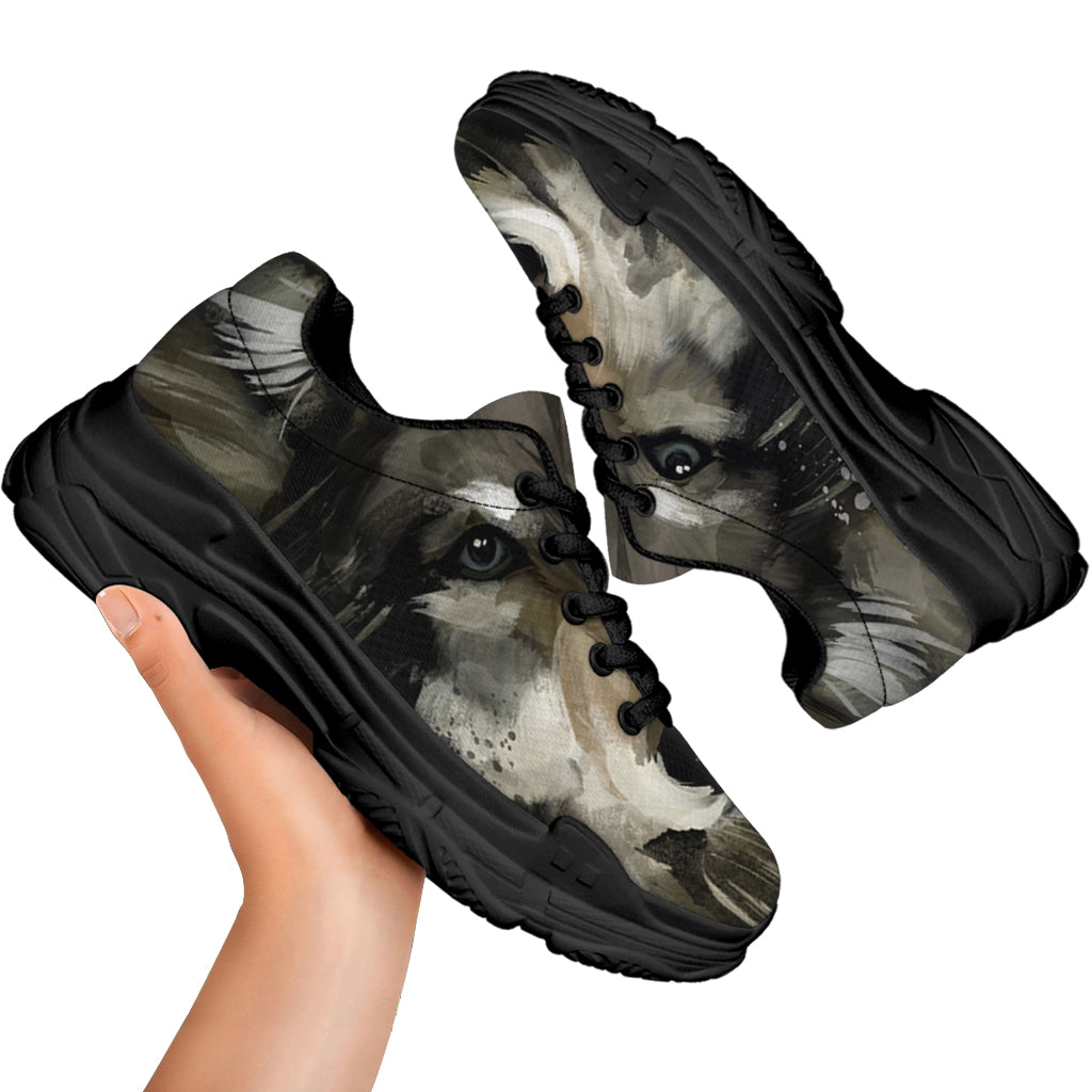 Watercolor Painting Wolf Print Black Chunky Shoes