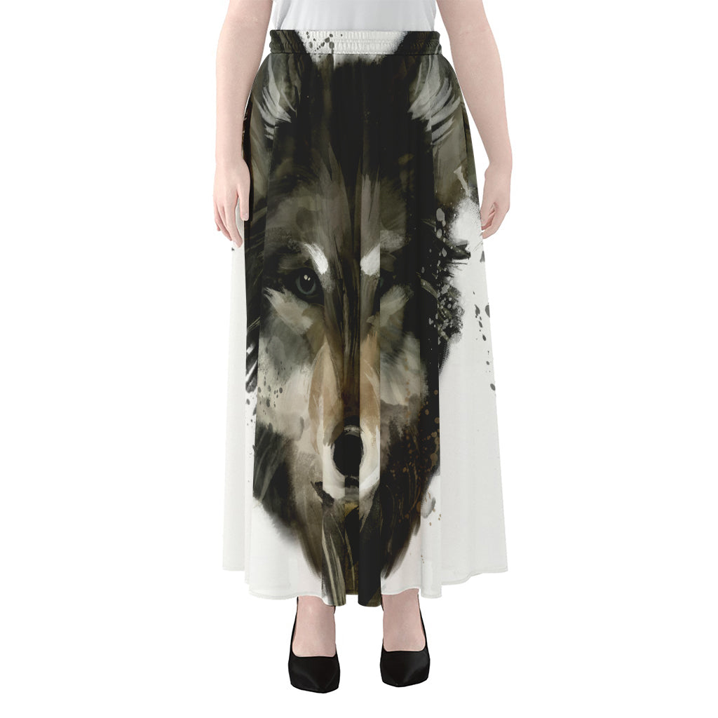 Watercolor Painting Wolf Print Chiffon Maxi Skirt