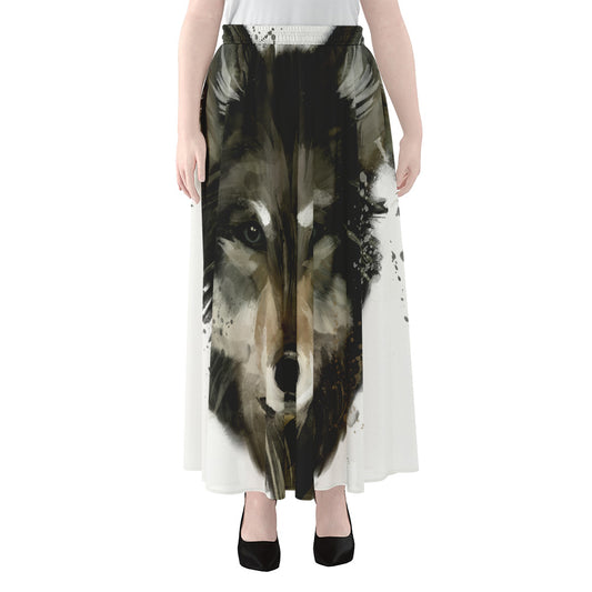 Watercolor Painting Wolf Print Chiffon Maxi Skirt