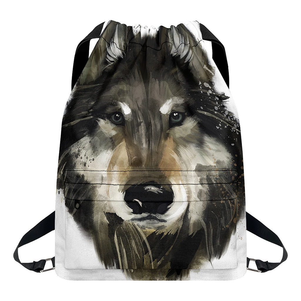 Watercolor Painting Wolf Print Drawstring Backpack