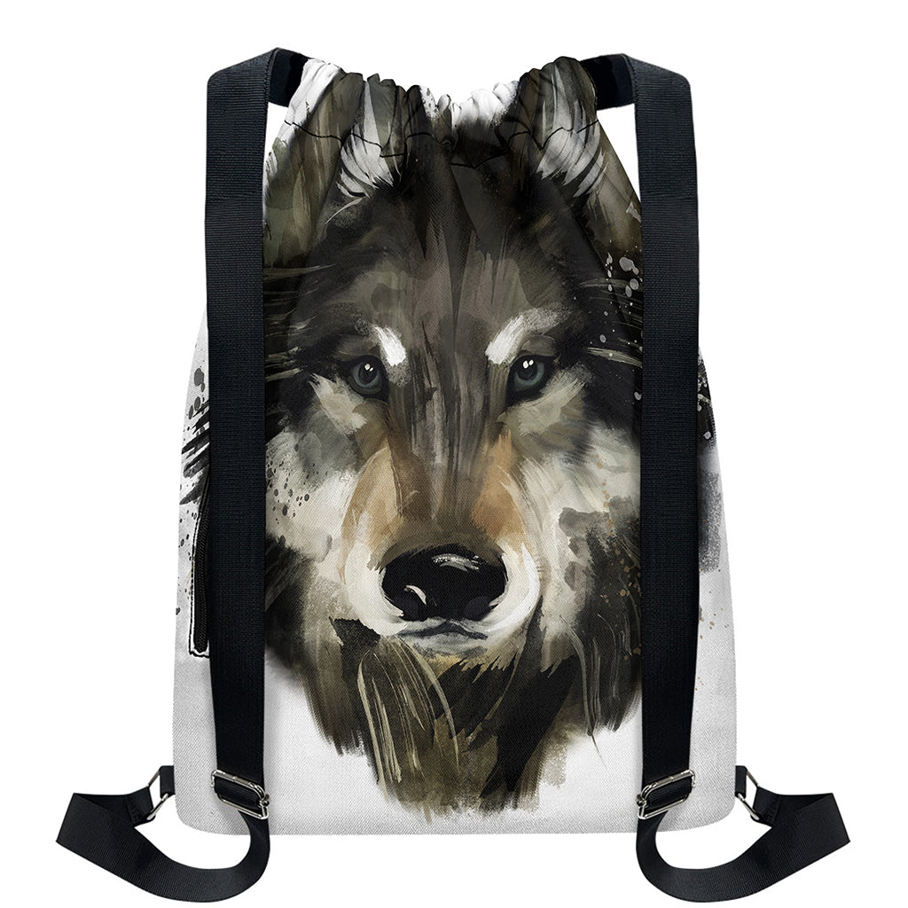 Watercolor Painting Wolf Print Drawstring Backpack