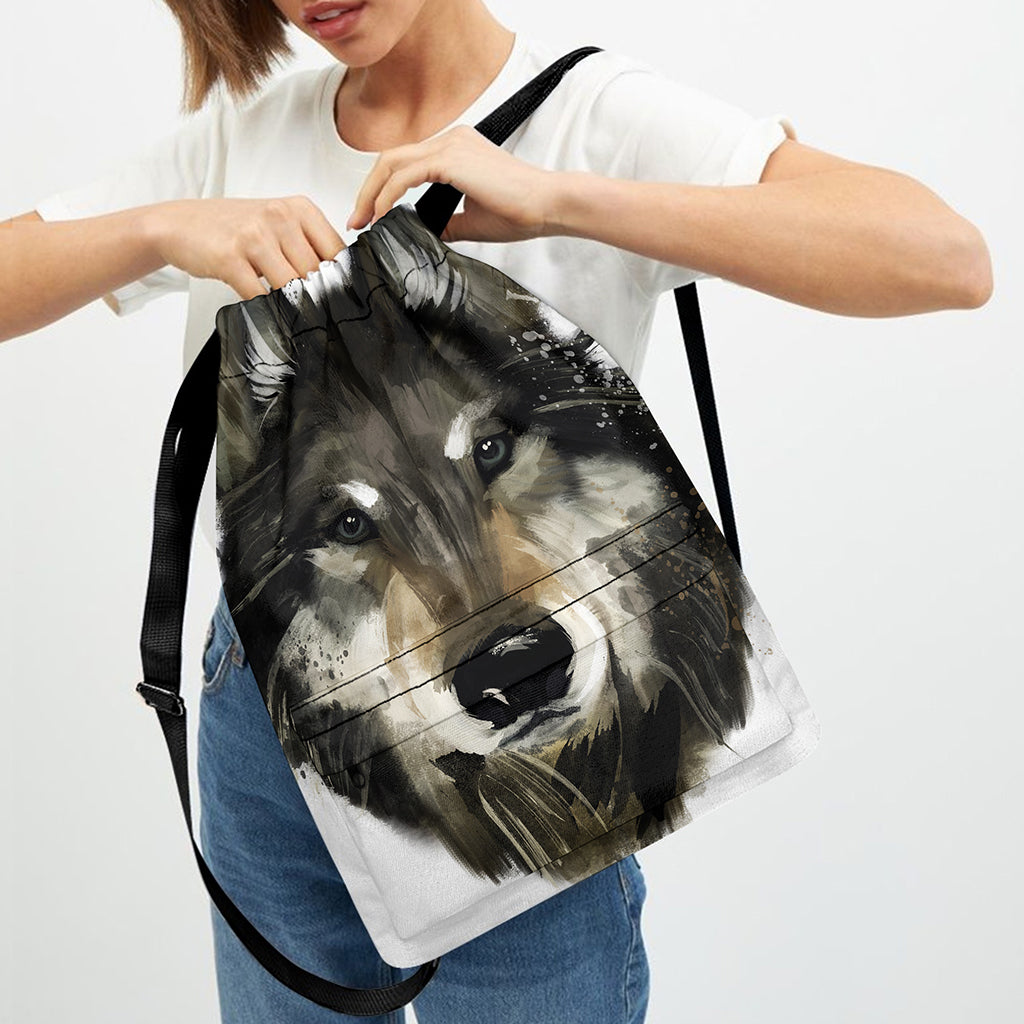 Watercolor Painting Wolf Print Drawstring Backpack