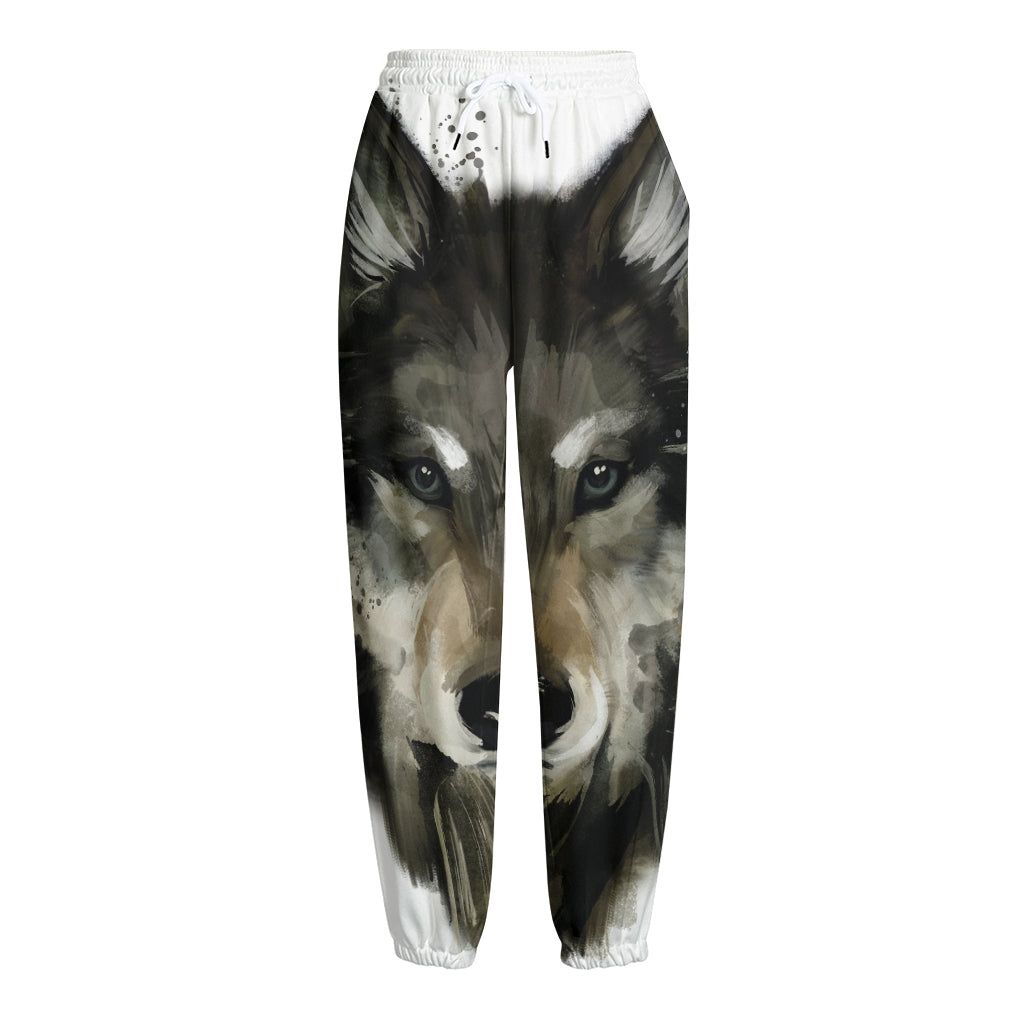 Watercolor Painting Wolf Print Fleece Lined Knit Pants
