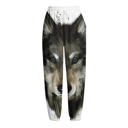 Watercolor Painting Wolf Print Fleece Lined Knit Pants