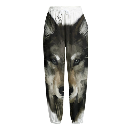 Watercolor Painting Wolf Print Fleece Lined Knit Pants