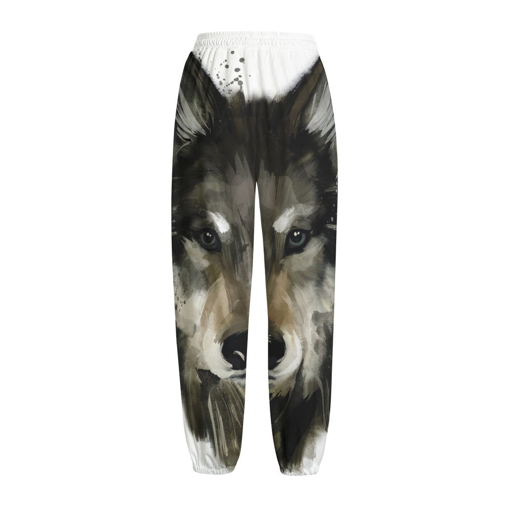 Watercolor Painting Wolf Print Fleece Lined Knit Pants