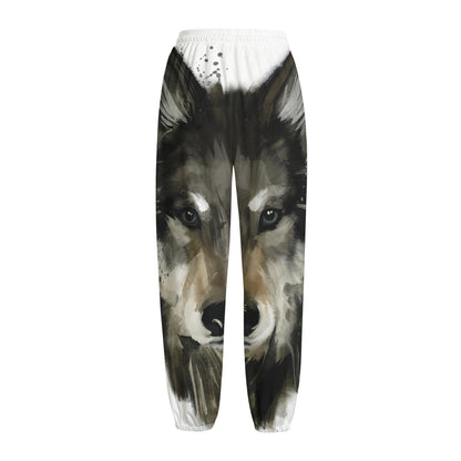 Watercolor Painting Wolf Print Fleece Lined Knit Pants