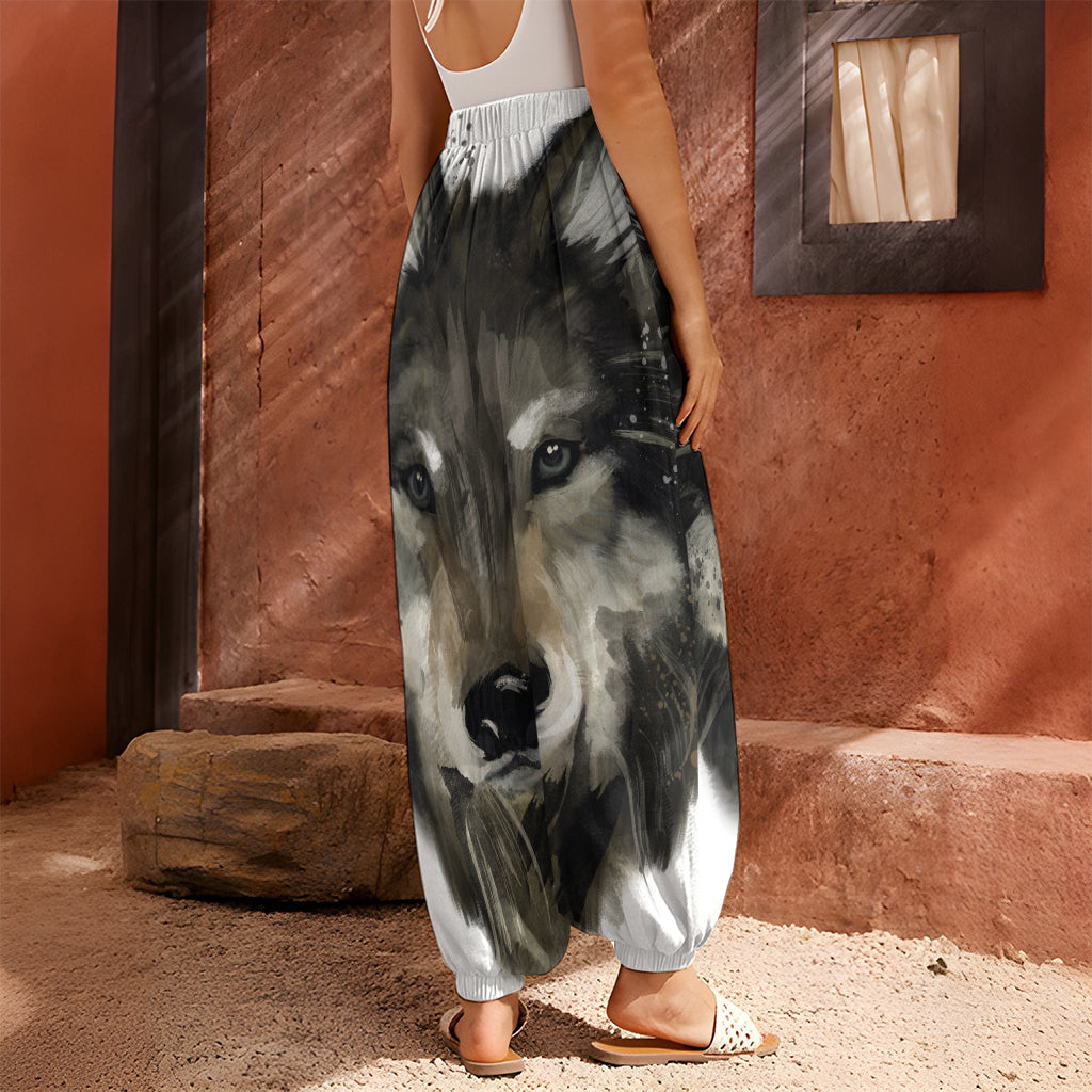 Watercolor Painting Wolf Print Harem Pants