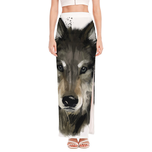 Watercolor Painting Wolf Print High Slit Maxi Skirt