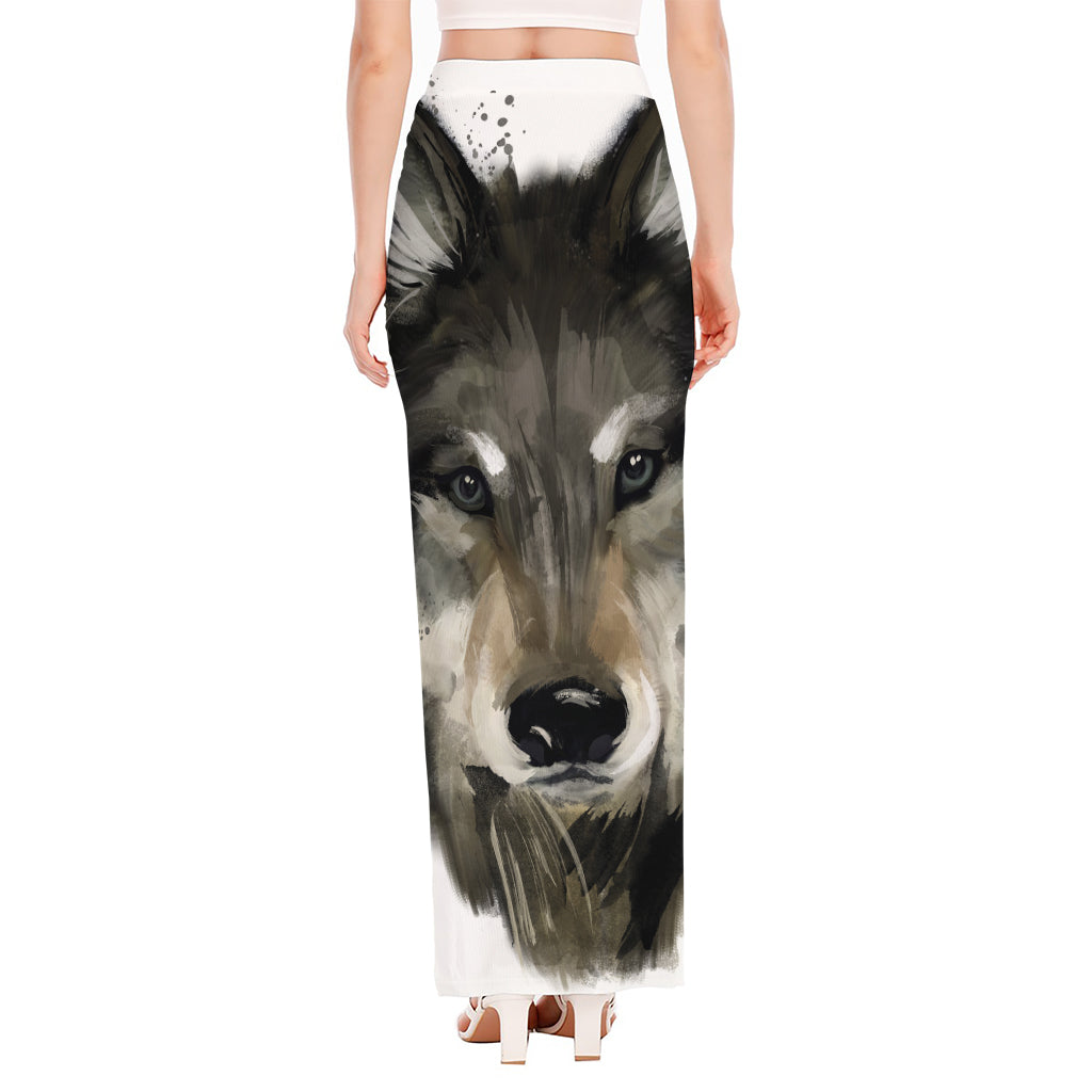 Watercolor Painting Wolf Print High Slit Maxi Skirt