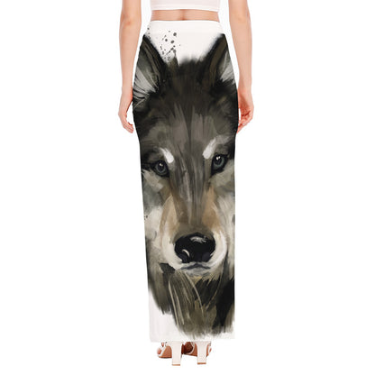 Watercolor Painting Wolf Print High Slit Maxi Skirt