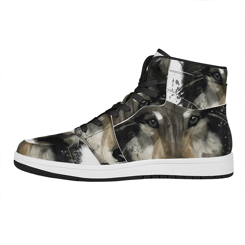 Watercolor Painting Wolf Print High Top Leather Sneakers