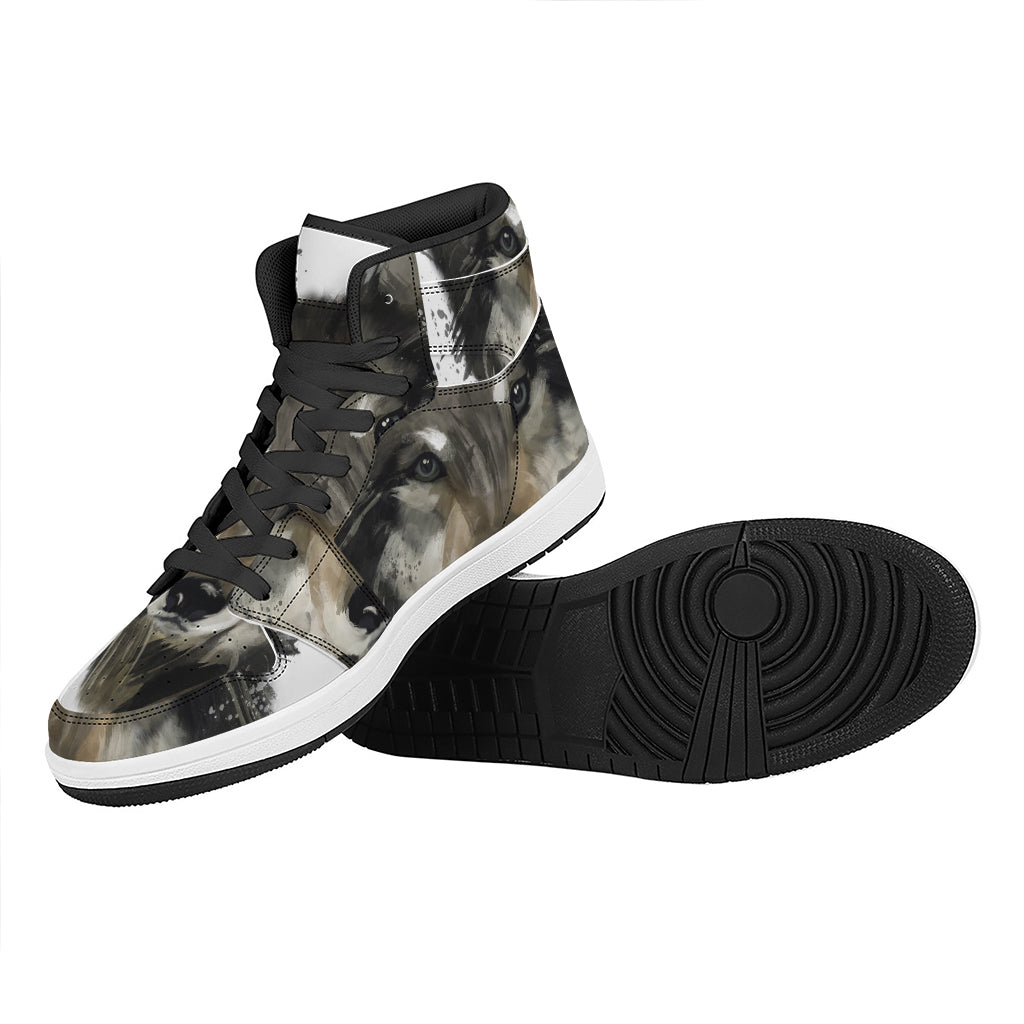 Watercolor Painting Wolf Print High Top Leather Sneakers