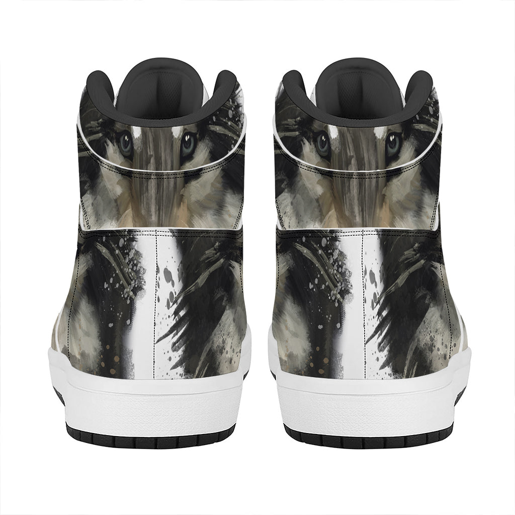 Watercolor Painting Wolf Print High Top Leather Sneakers