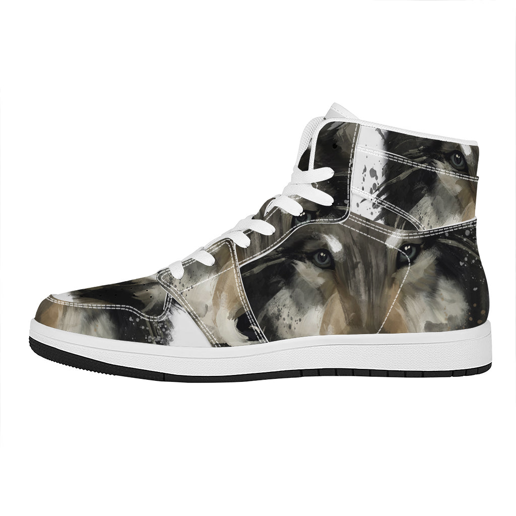 Watercolor Painting Wolf Print High Top Leather Sneakers