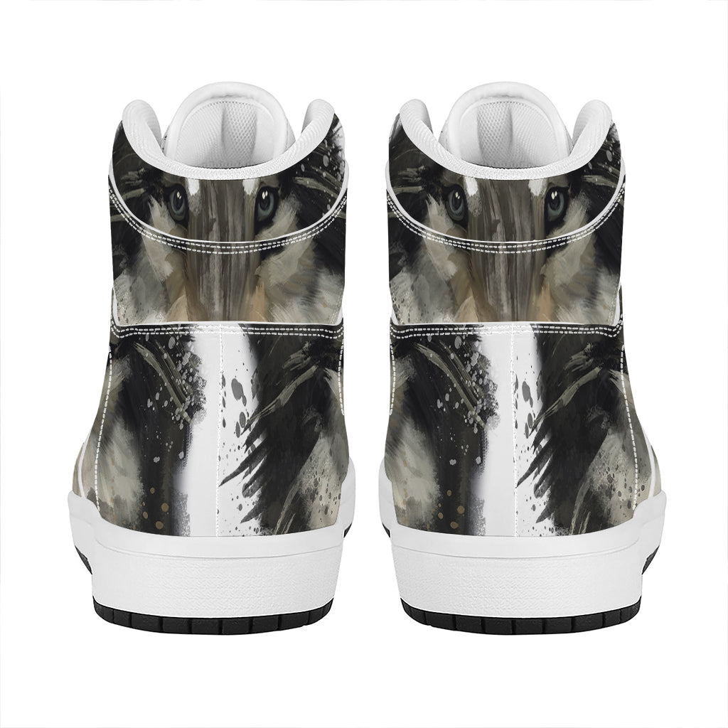 Watercolor Painting Wolf Print High Top Leather Sneakers