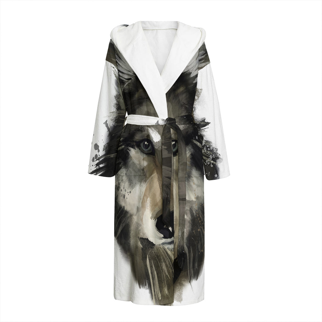 Watercolor Painting Wolf Print Hooded Bathrobe
