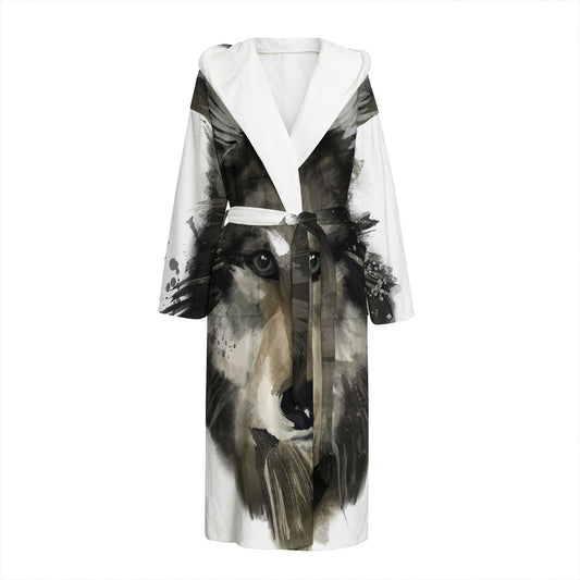 Watercolor Painting Wolf Print Hooded Bathrobe