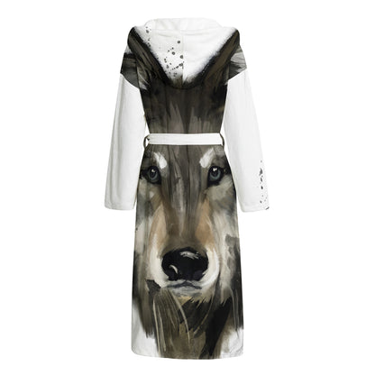 Watercolor Painting Wolf Print Hooded Bathrobe