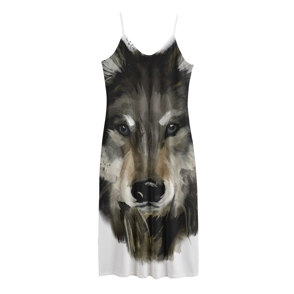 Watercolor Painting Wolf Print Jersey Midi Cami Dress