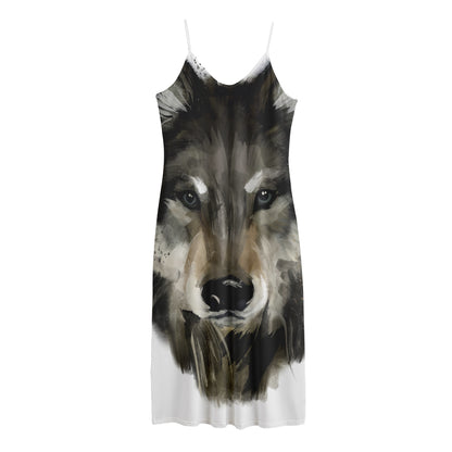 Watercolor Painting Wolf Print Jersey Midi Cami Dress