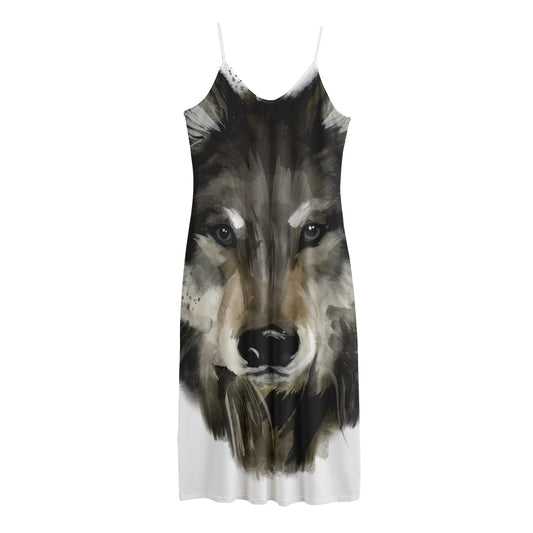 Watercolor Painting Wolf Print Jersey Midi Cami Dress
