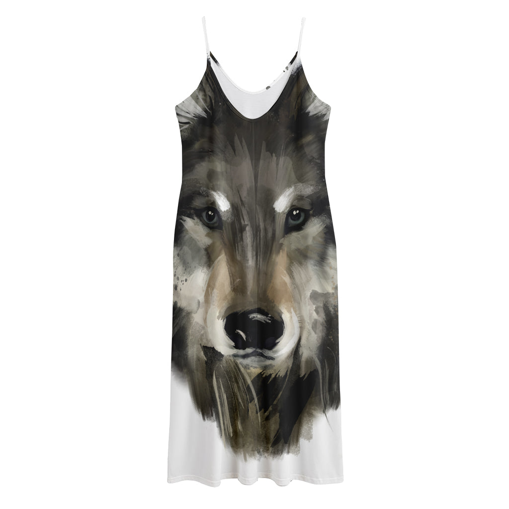 Watercolor Painting Wolf Print Jersey Midi Cami Dress