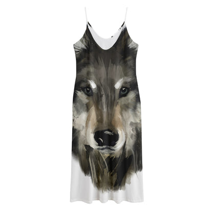 Watercolor Painting Wolf Print Jersey Midi Cami Dress