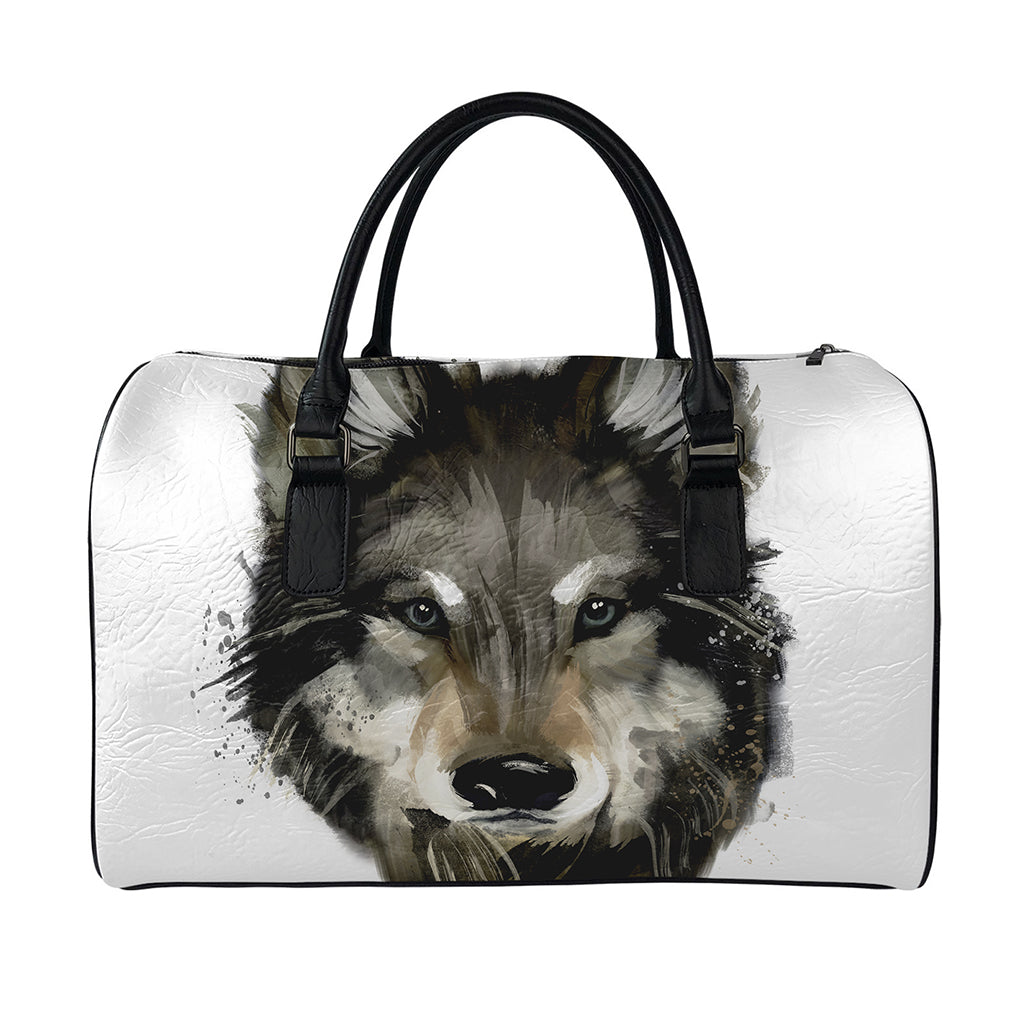 Watercolor Painting Wolf Print Leather Duffle Bag