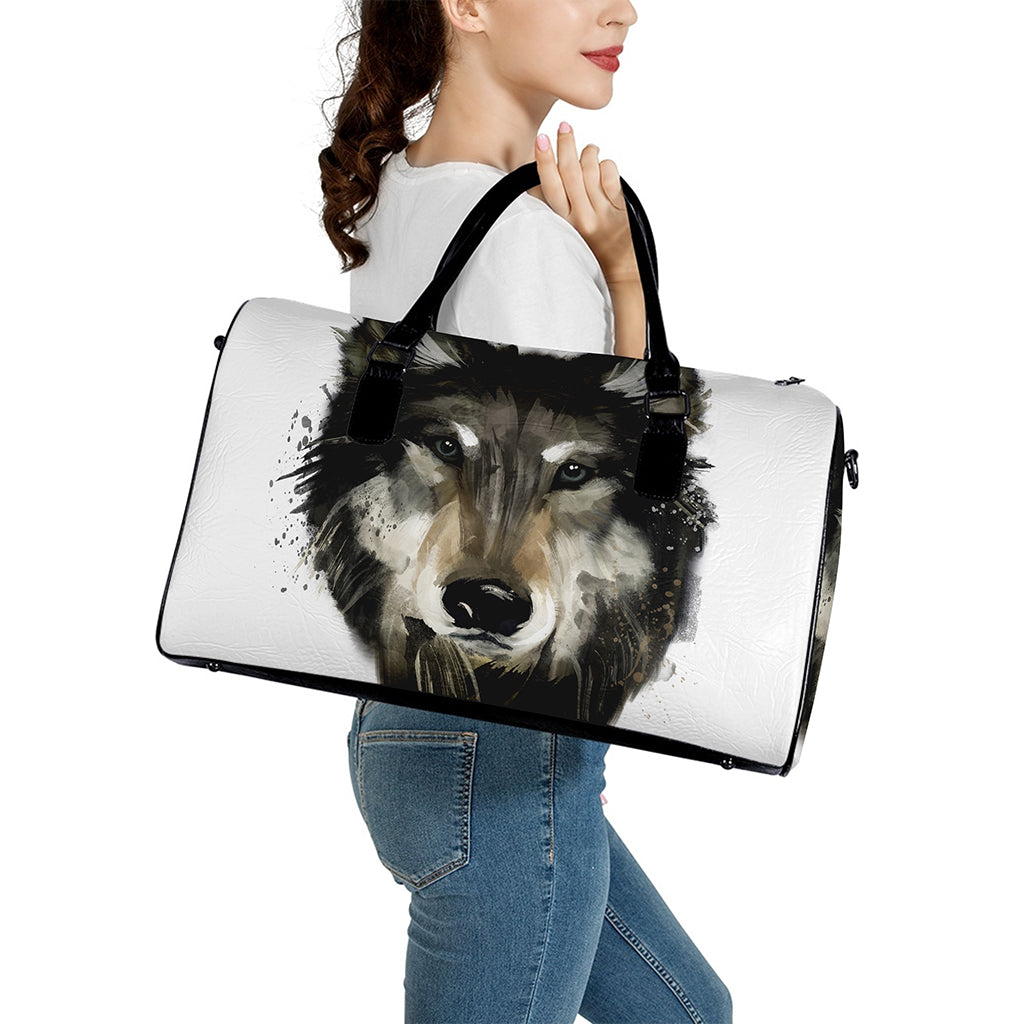Watercolor Painting Wolf Print Leather Duffle Bag